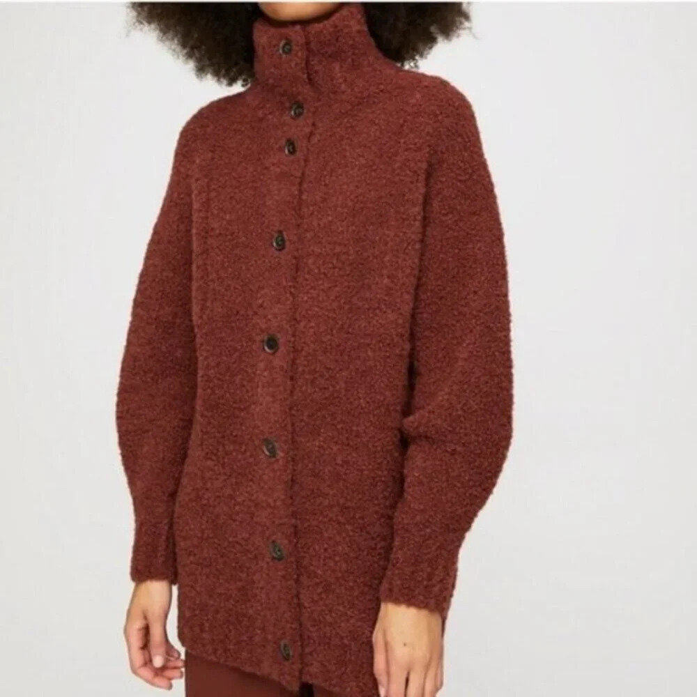 Aritzia Cozy Button-Up Bouclé Cardigan — Rust Brown